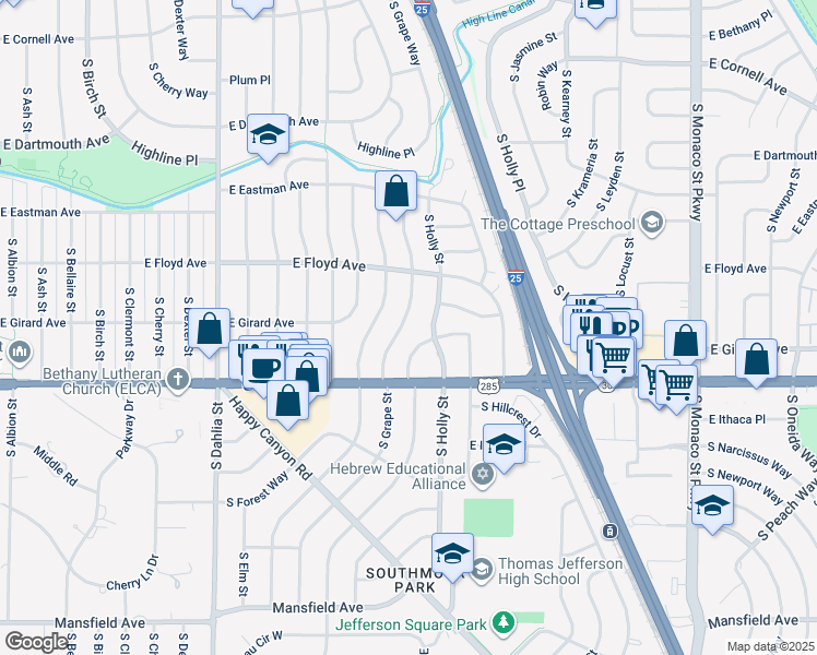 map of restaurants, bars, coffee shops, grocery stores, and more near 3382 South Grape Street in Denver