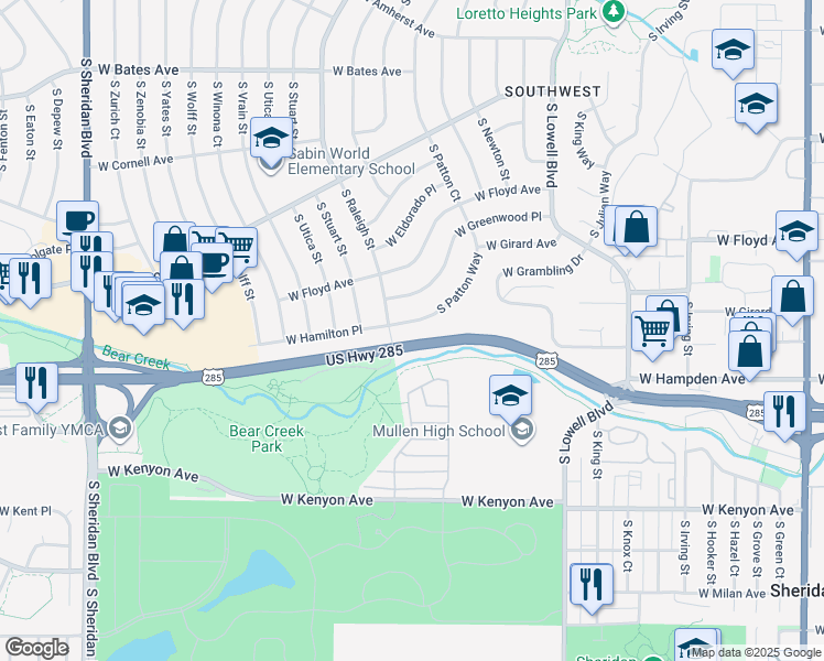 map of restaurants, bars, coffee shops, grocery stores, and more near 3550 South Raleigh Street in Denver