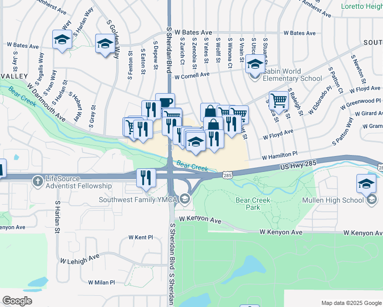map of restaurants, bars, coffee shops, grocery stores, and more near 3100 South Sheridan Boulevard in Denver