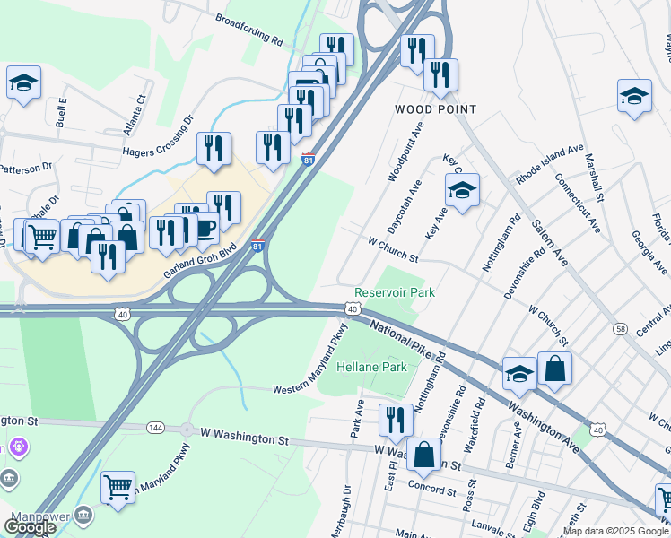 map of restaurants, bars, coffee shops, grocery stores, and more near 209 Woodpoint Avenue in Hagerstown
