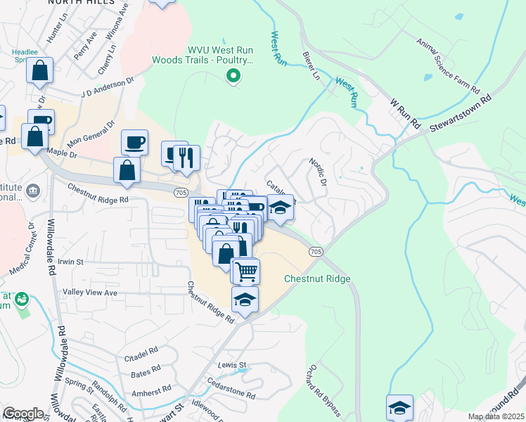 map of restaurants, bars, coffee shops, grocery stores, and more near 3525 Sun Trail in Morgantown