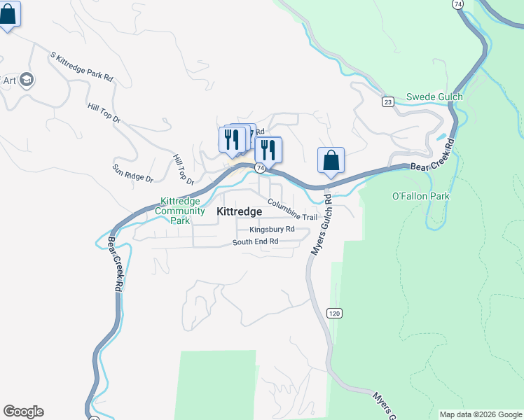 map of restaurants, bars, coffee shops, grocery stores, and more near 26235 Columbine Trail in Kittredge
