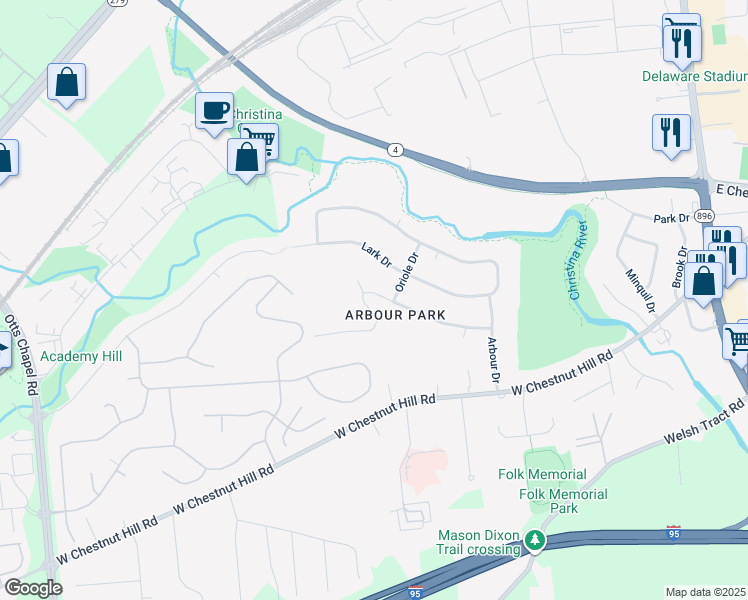 map of restaurants, bars, coffee shops, grocery stores, and more near 403 Dove Drive in Newark