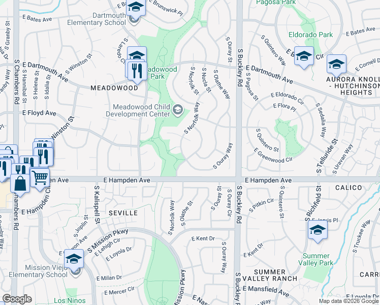 map of restaurants, bars, coffee shops, grocery stores, and more near 16506 East Girard Avenue in Aurora