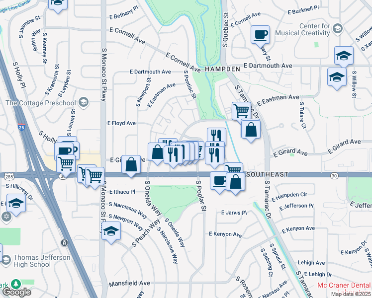 map of restaurants, bars, coffee shops, grocery stores, and more near 7100 East Hamilton Place in Denver