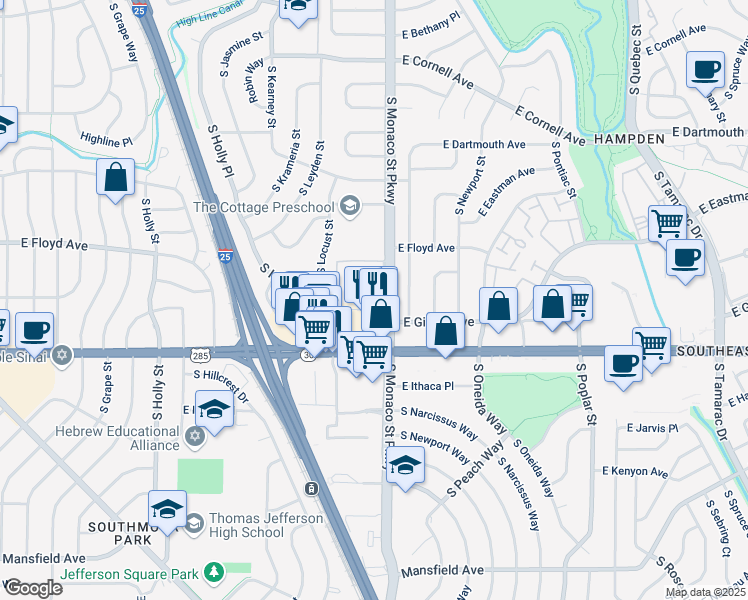 map of restaurants, bars, coffee shops, grocery stores, and more near 3325 South Monaco Parkway in Denver