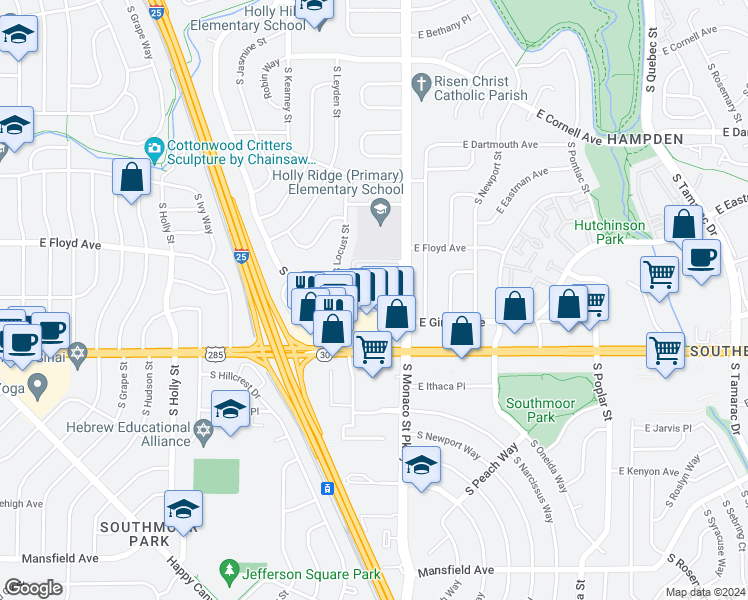 map of restaurants, bars, coffee shops, grocery stores, and more near 3331 South Monaco Parkway in Denver