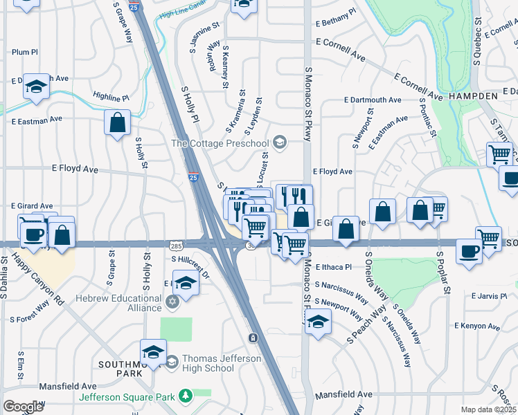 map of restaurants, bars, coffee shops, grocery stores, and more near 3390 South Holly Place in Denver