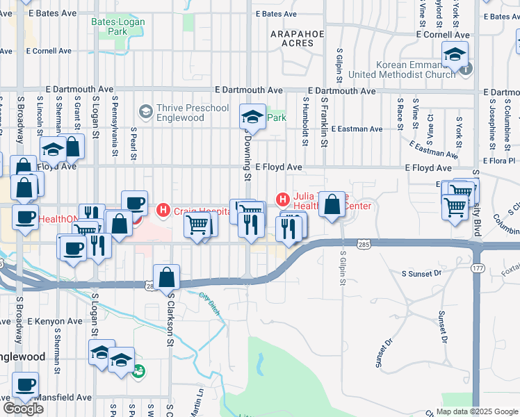 map of restaurants, bars, coffee shops, grocery stores, and more near 3380 South Downing Street in Englewood