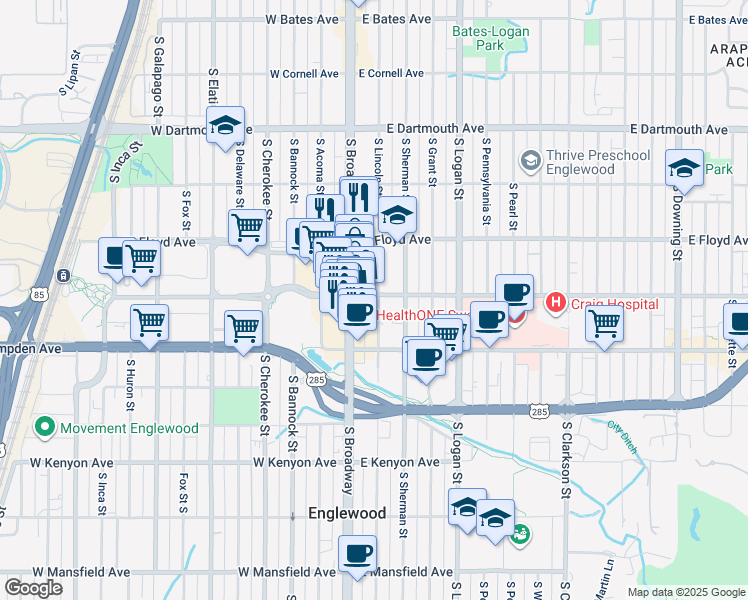 map of restaurants, bars, coffee shops, grocery stores, and more near 3333 South Lincoln Street in Englewood