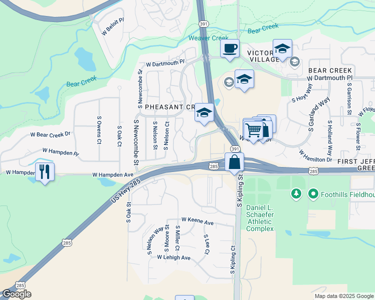 map of restaurants, bars, coffee shops, grocery stores, and more near 10321 West Girton Drive in Lakewood