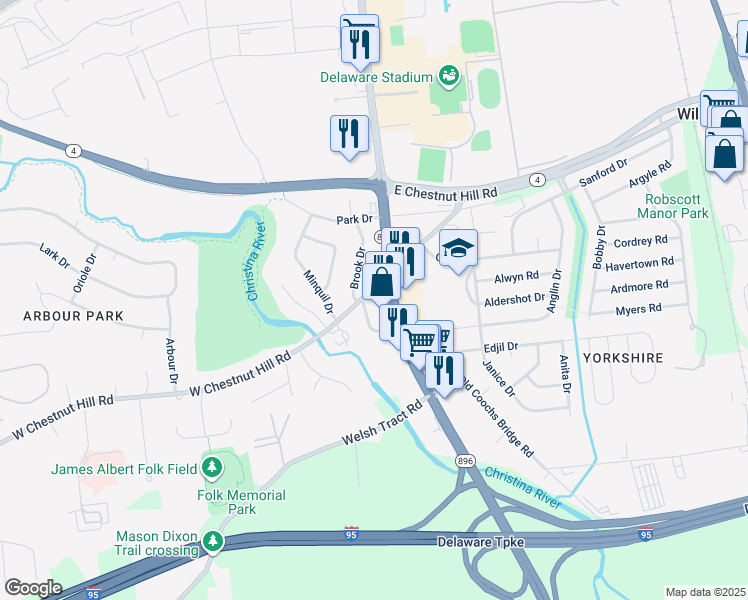 map of restaurants, bars, coffee shops, grocery stores, and more near 15 West Chestnut Hill Road in Newark