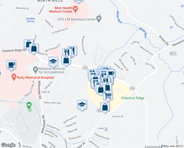 map of restaurants, bars, coffee shops, grocery stores, and more near 2828 Suncrest Village in Morgantown