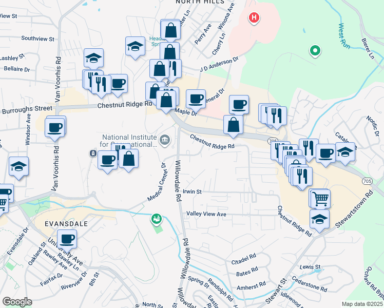 map of restaurants, bars, coffee shops, grocery stores, and more near 948 Chestnut Ridge Road in Morgantown