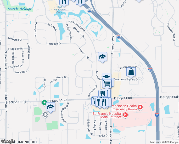 map of restaurants, bars, coffee shops, grocery stores, and more near 7648 Germander Lane in Indianapolis