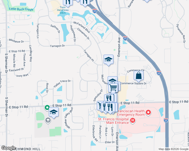 map of restaurants, bars, coffee shops, grocery stores, and more near 7648 Germander Lane in Indianapolis
