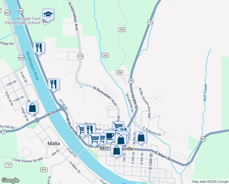 map of restaurants, bars, coffee shops, grocery stores, and more near in MCCONNELSVLE