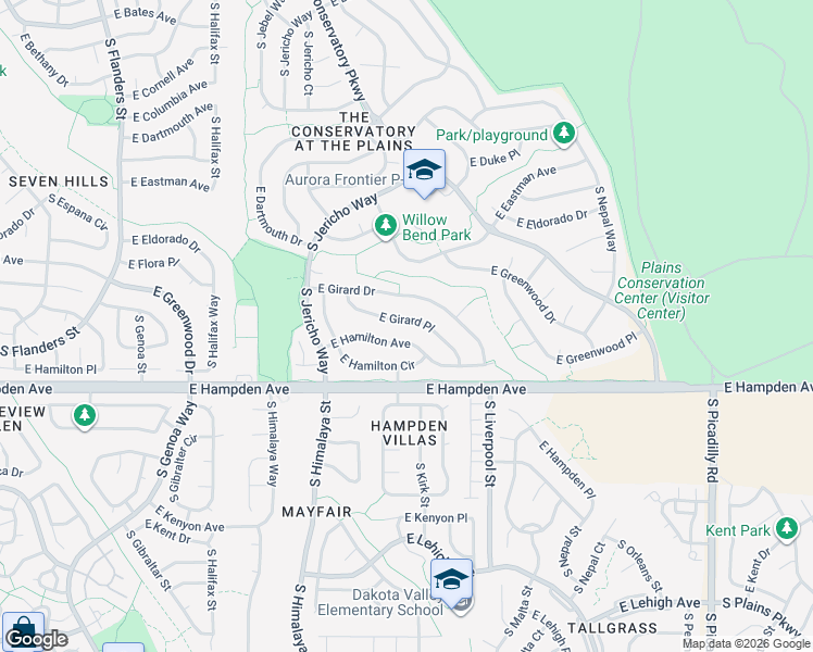 map of restaurants, bars, coffee shops, grocery stores, and more near 20742 East Girard Drive in Aurora