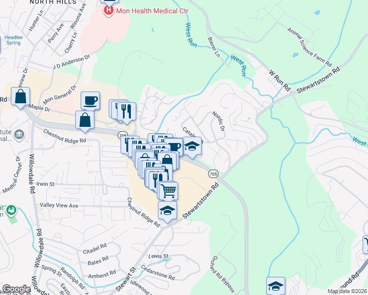 map of restaurants, bars, coffee shops, grocery stores, and more near 7 Catalpa Street in Morgantown