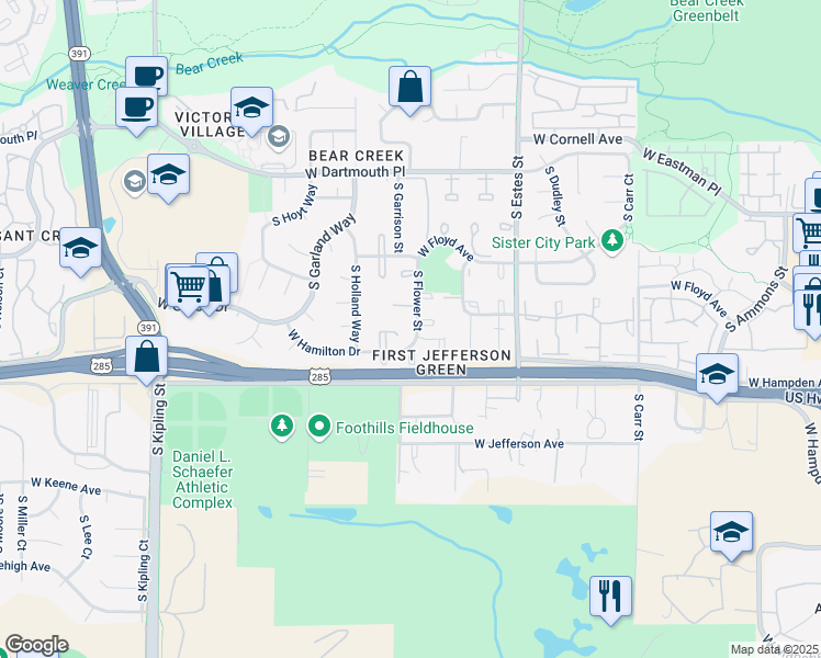 map of restaurants, bars, coffee shops, grocery stores, and more near 3355 South Flower Street in Lakewood