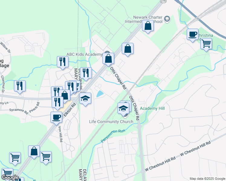 map of restaurants, bars, coffee shops, grocery stores, and more near 805 South Twin Lakes Boulevard in Newark