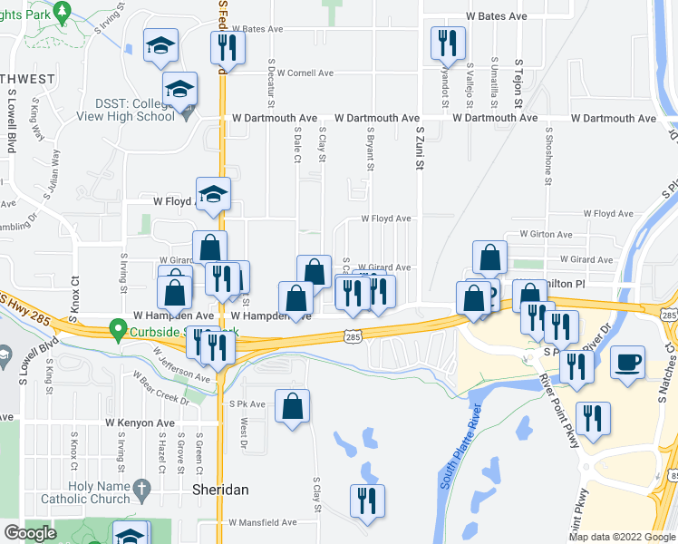 map of restaurants, bars, coffee shops, grocery stores, and more near 3401 S Canosa Ct in Sheridan