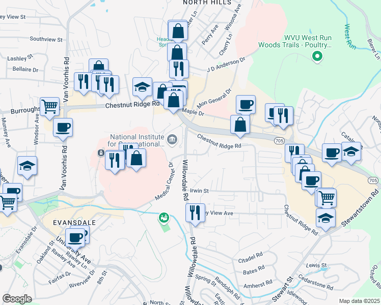 map of restaurants, bars, coffee shops, grocery stores, and more near in Monongalia County