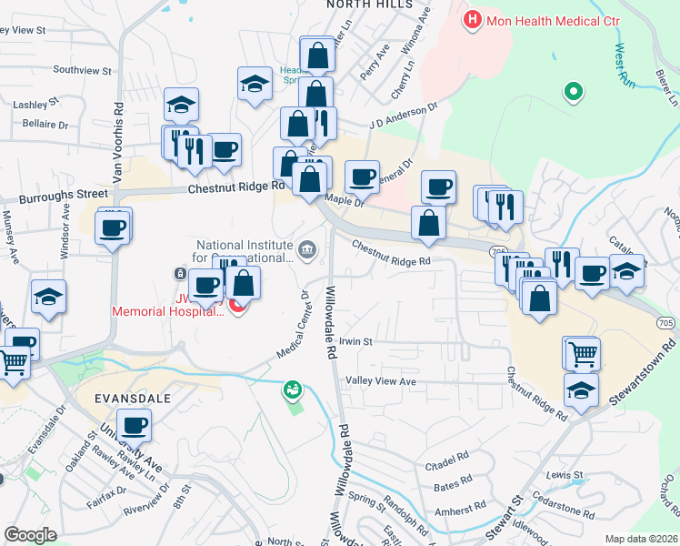 map of restaurants, bars, coffee shops, grocery stores, and more near in Monongalia County
