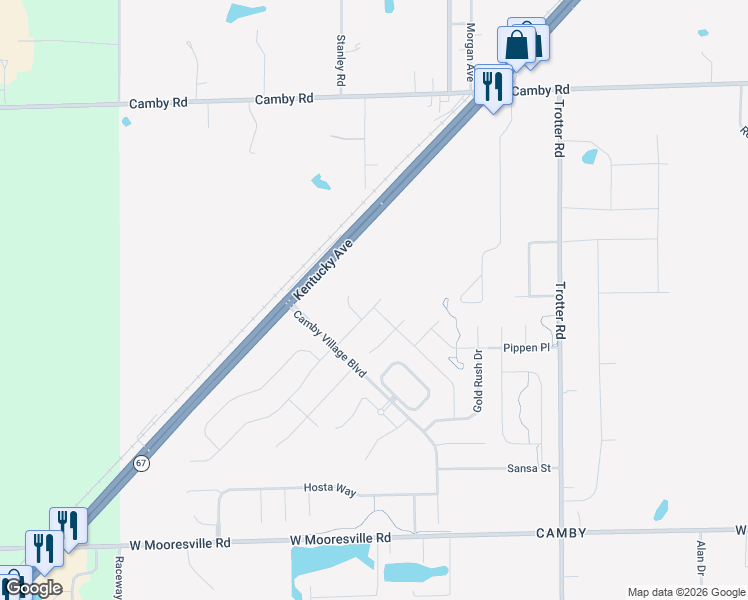 map of restaurants, bars, coffee shops, grocery stores, and more near 7271-7285 Kentucky Avenue in Indianapolis
