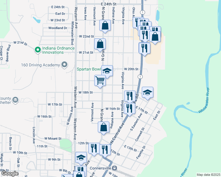 map of restaurants, bars, coffee shops, grocery stores, and more near 1821 Indiana Avenue in Connersville