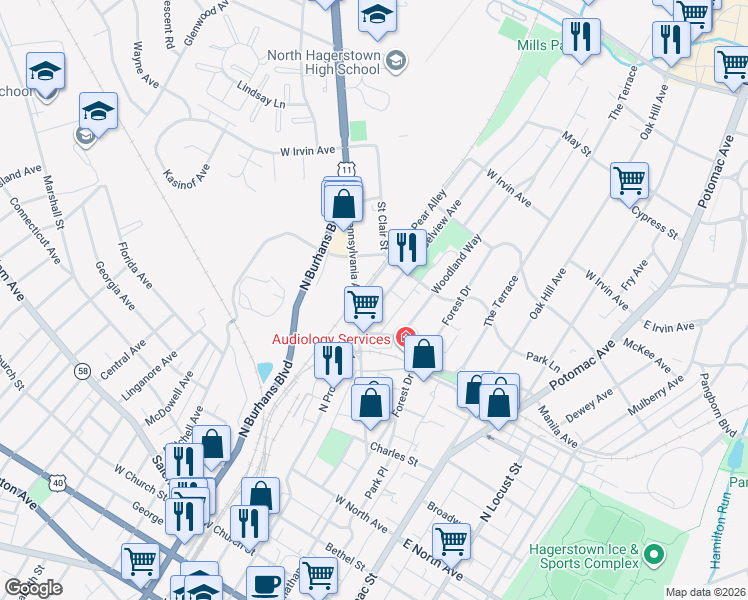 map of restaurants, bars, coffee shops, grocery stores, and more near 29 Belview Avenue in Hagerstown