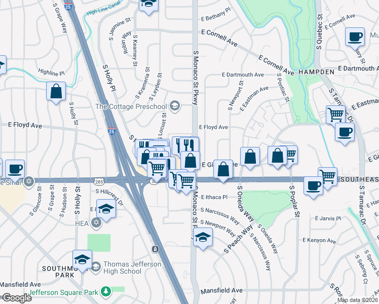 map of restaurants, bars, coffee shops, grocery stores, and more near 3325 South Monaco Parkway in Denver
