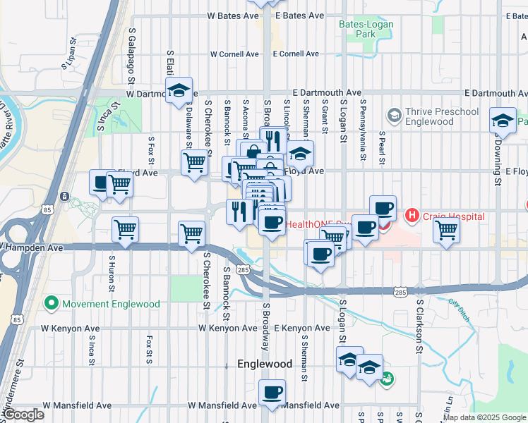 map of restaurants, bars, coffee shops, grocery stores, and more near 3400 South Broadway in Englewood