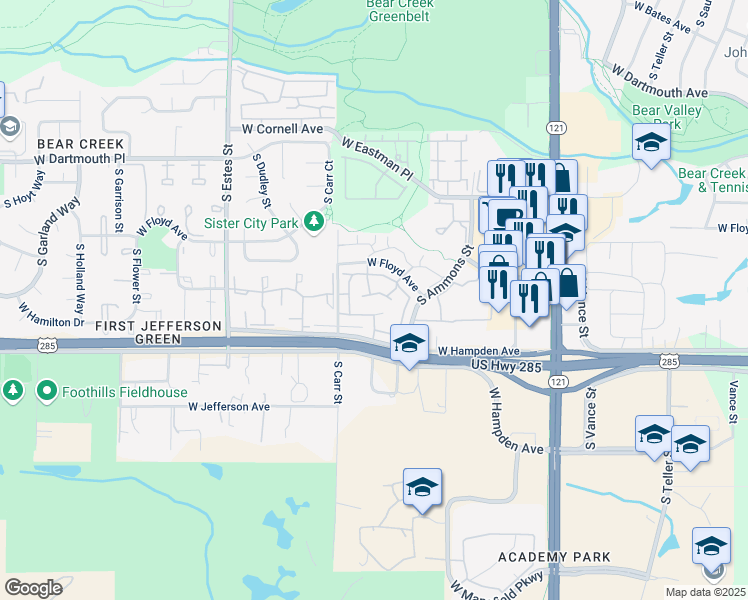 map of restaurants, bars, coffee shops, grocery stores, and more near 3409 South Ammons Street in Lakewood