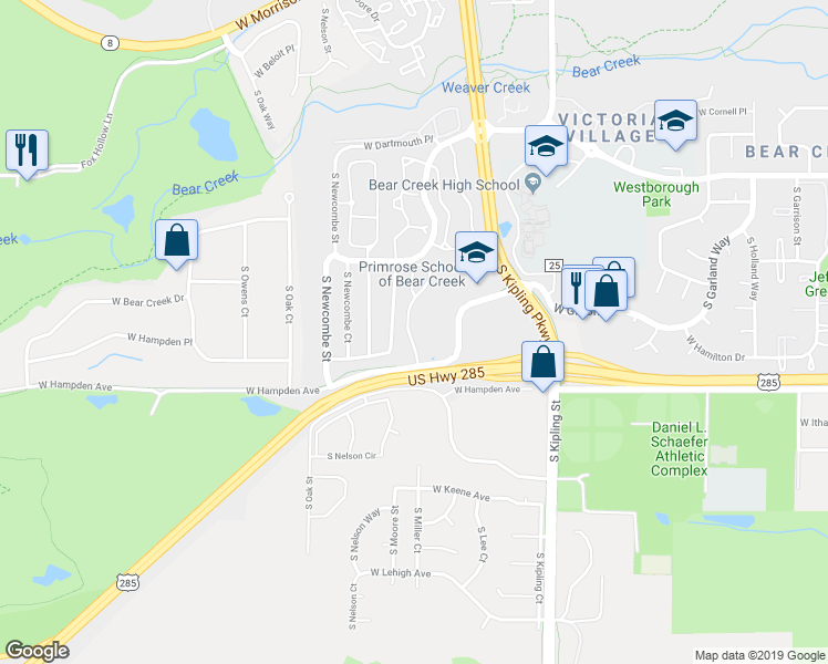 map of restaurants, bars, coffee shops, grocery stores, and more near 3342 South Nelson Court in Lakewood
