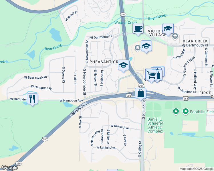 map of restaurants, bars, coffee shops, grocery stores, and more near 3342 South Nelson Court in Lakewood