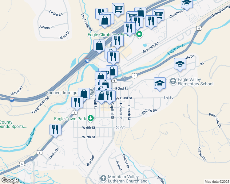map of restaurants, bars, coffee shops, grocery stores, and more near 135 East 2nd Street in Eagle