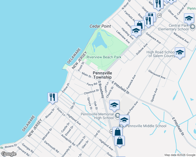 map of restaurants, bars, coffee shops, grocery stores, and more near 15 West Pittsfield Street in Pennsville Township