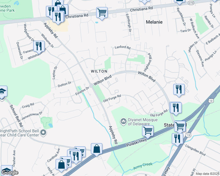 map of restaurants, bars, coffee shops, grocery stores, and more near 820 Willings Way in New Castle