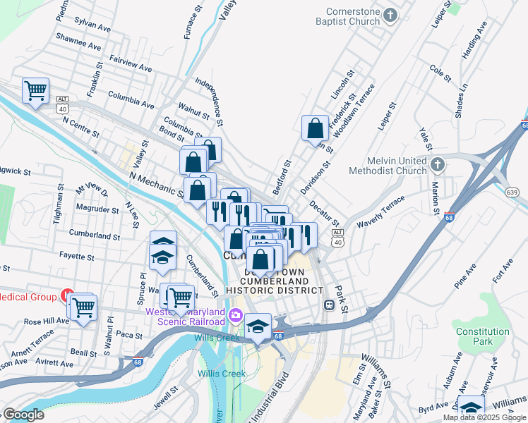 map of restaurants, bars, coffee shops, grocery stores, and more near 206 Bedford Street in Cumberland