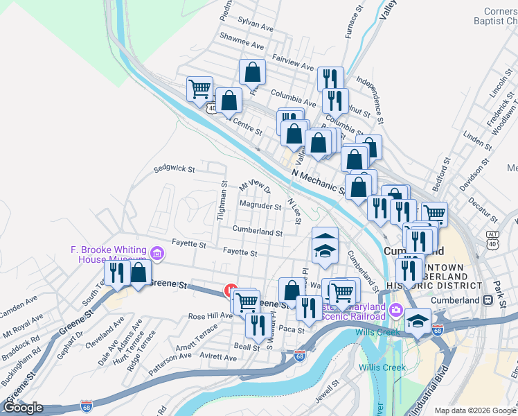 map of restaurants, bars, coffee shops, grocery stores, and more near 308 Schley Street in Cumberland