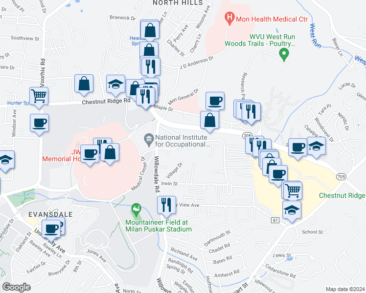 map of restaurants, bars, coffee shops, grocery stores, and more near 948 Chestnut Ridge Road in Morgantown
