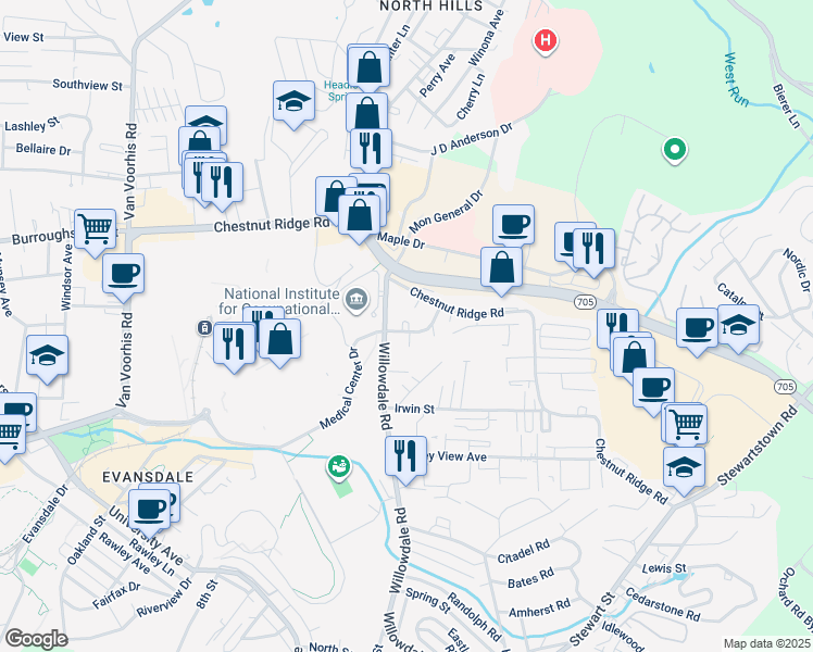 map of restaurants, bars, coffee shops, grocery stores, and more near in Monongalia County