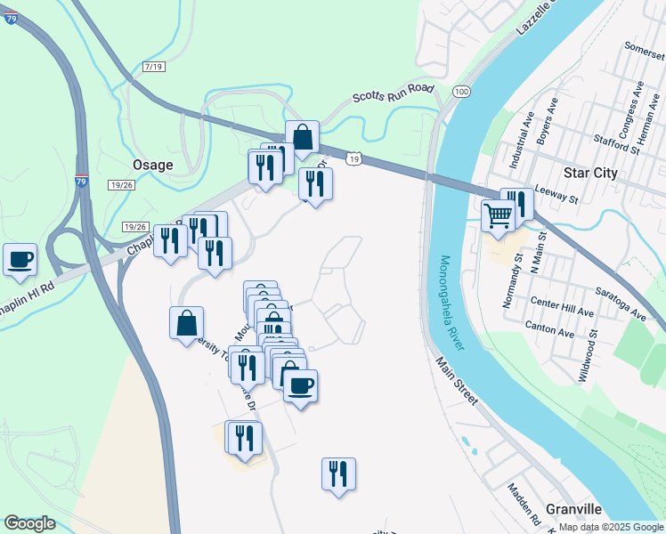 map of restaurants, bars, coffee shops, grocery stores, and more near Domain Drive in Granville