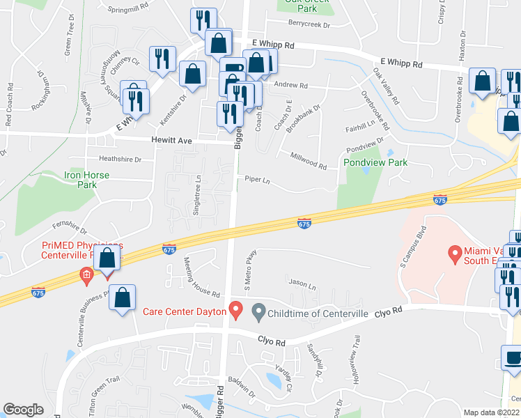 map of restaurants, bars, coffee shops, grocery stores, and more near 1670 Piper Lane in Dayton
