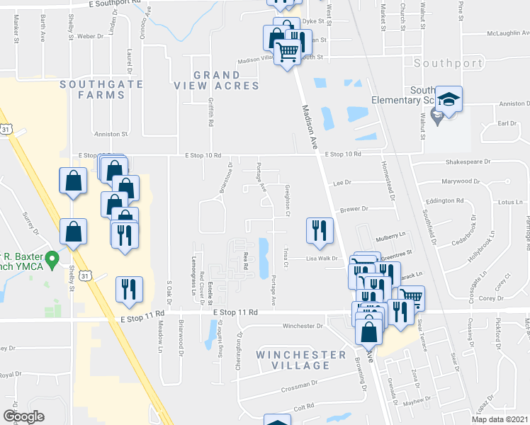map of restaurants, bars, coffee shops, grocery stores, and more near 7629 Portage Avenue in Indianapolis