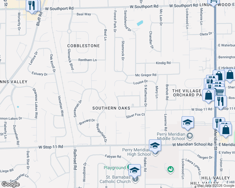 map of restaurants, bars, coffee shops, grocery stores, and more near 7603 Misty Meadow Drive in Indianapolis