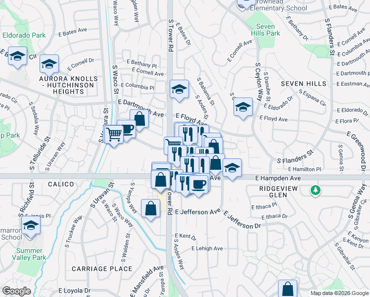 map of restaurants, bars, coffee shops, grocery stores, and more near 18511 East Hampden Avenue in Aurora
