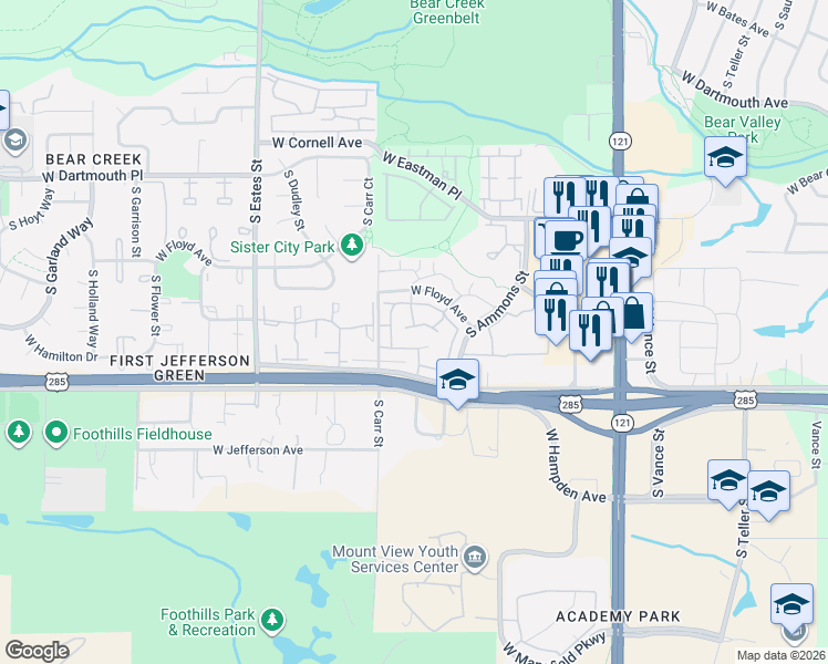 map of restaurants, bars, coffee shops, grocery stores, and more near 3423 South Ammons Street in Lakewood