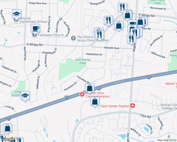 map of restaurants, bars, coffee shops, grocery stores, and more near 1115 Kentshire Drive in Dayton